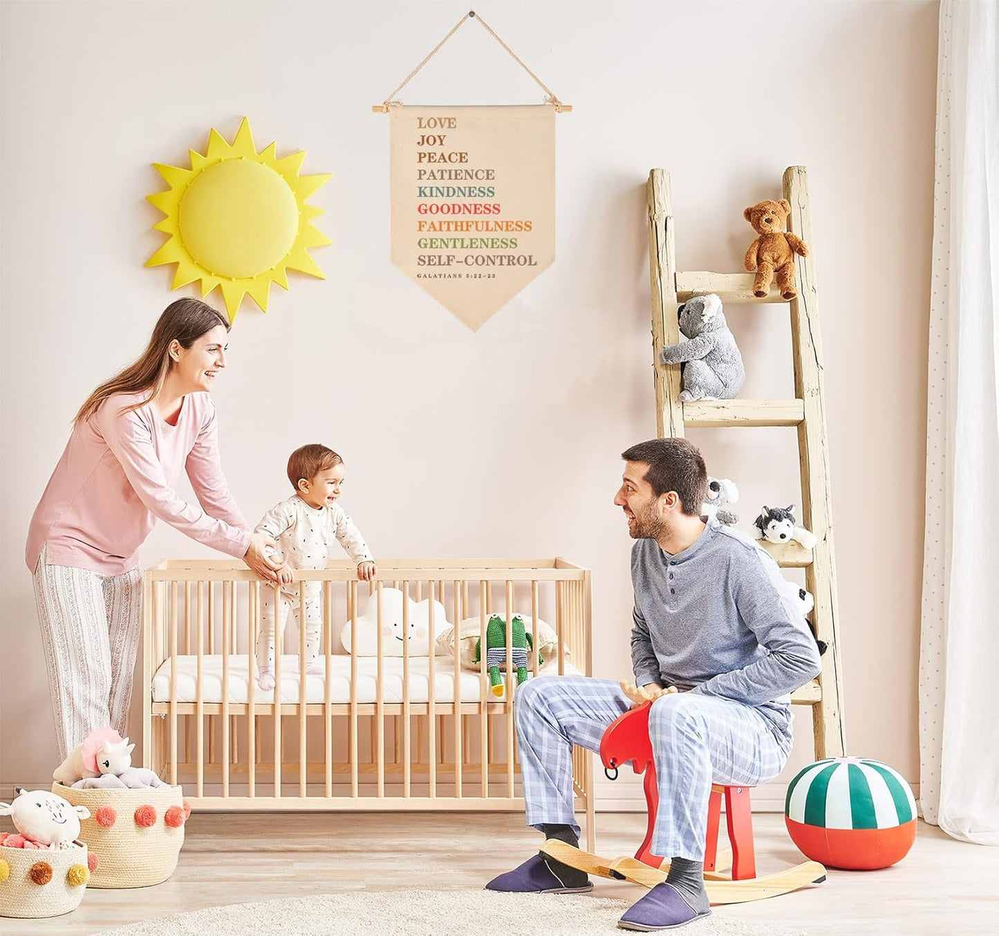 Love Joy Peace Patience-Bible Verse Decor-Scripture Flag Sign Gifts for Boys Girls Kids Baby Newborn -Banner Wall Art Gifts for Nursery Baby Room Playroom Bedroom Front Door-New Home Christmas Gift