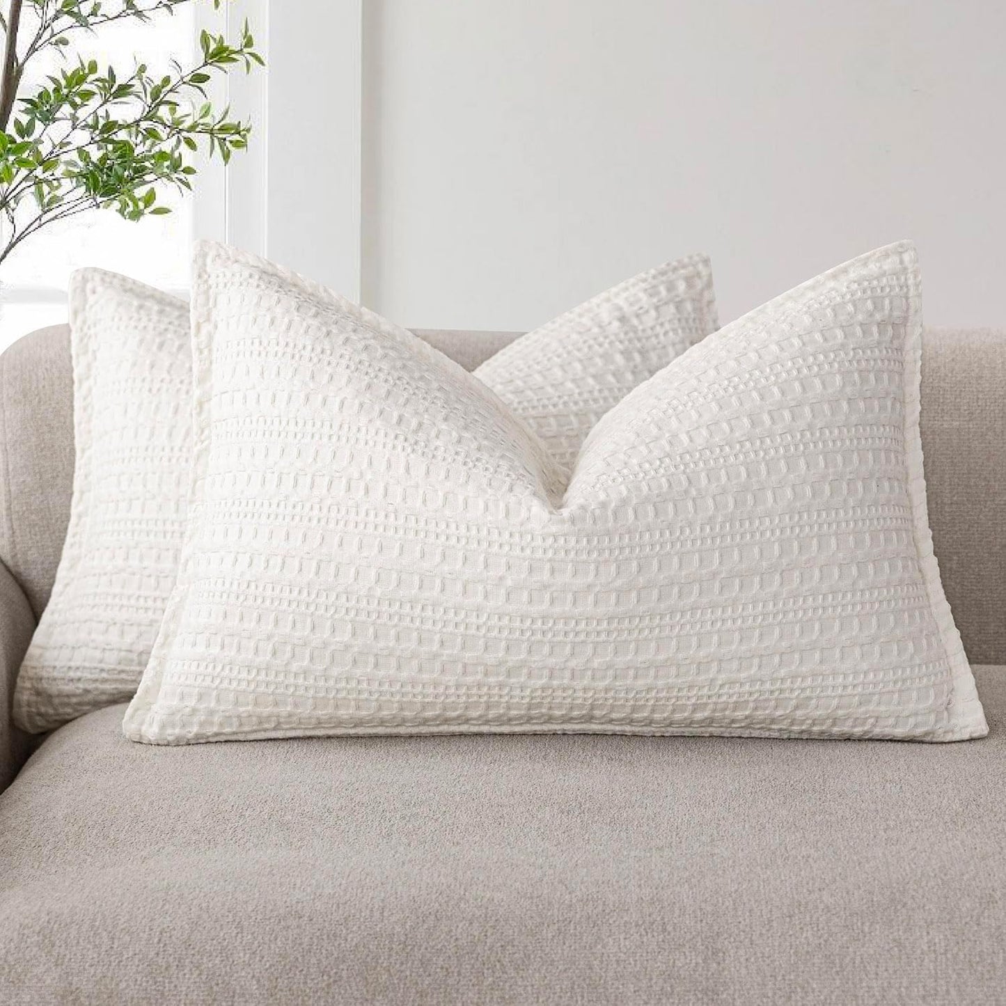 Foindtower Set of 2 Decorative Cotton Waffle Weave Lumbar Throw Pillow Covers Euro Shams Cushion Covers Accent European Pillowcase for Bed Couch Bedroom Living Room Home Decor 12×20 Inch Cream White