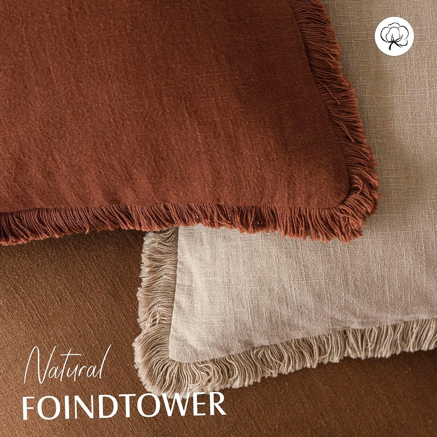 Foindtower Decorative Linen Fringe Throw Pillow Covers Cozy Boho Farmhouse Cushion Cover with Tassels Soft Accent Pillowcase for Chair Sofa Bed Living Room Home Decor, 18×18 Inch, 1PC,Orange Brown