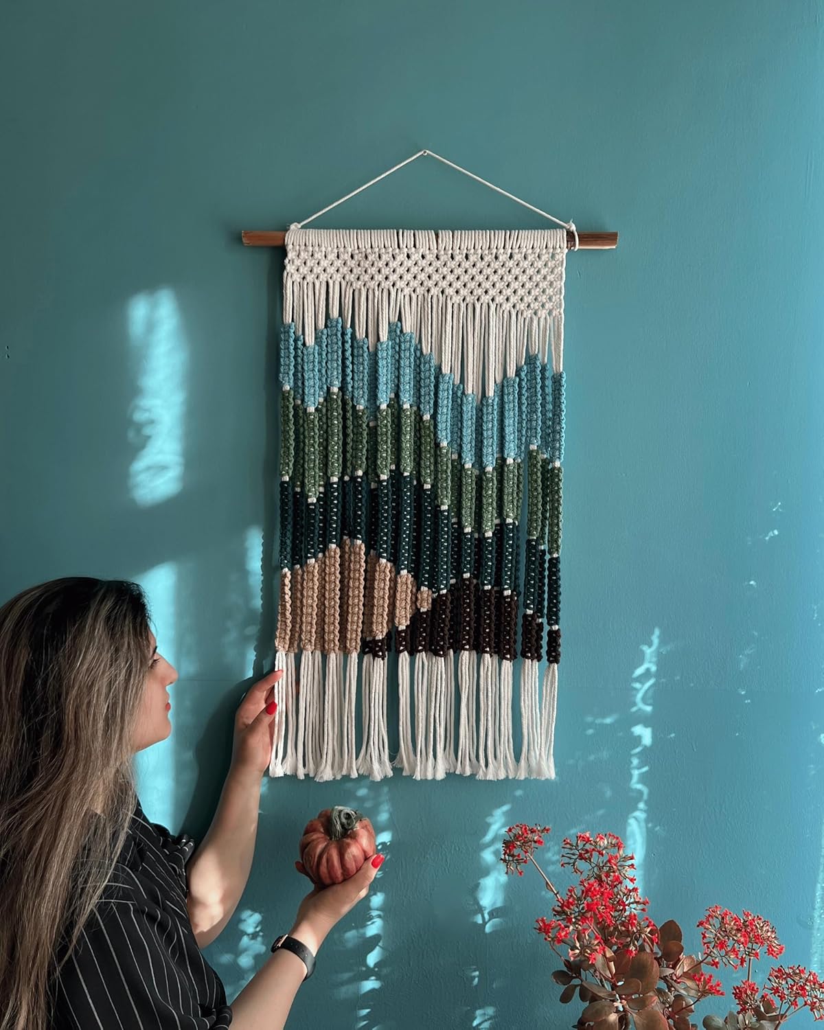 Knots & Beyond Boho Macrame Wall Hanging Green & Blue, Woven Tapestry Wall Decor, Fabric Wall Art for Living Room, 22" x 28"