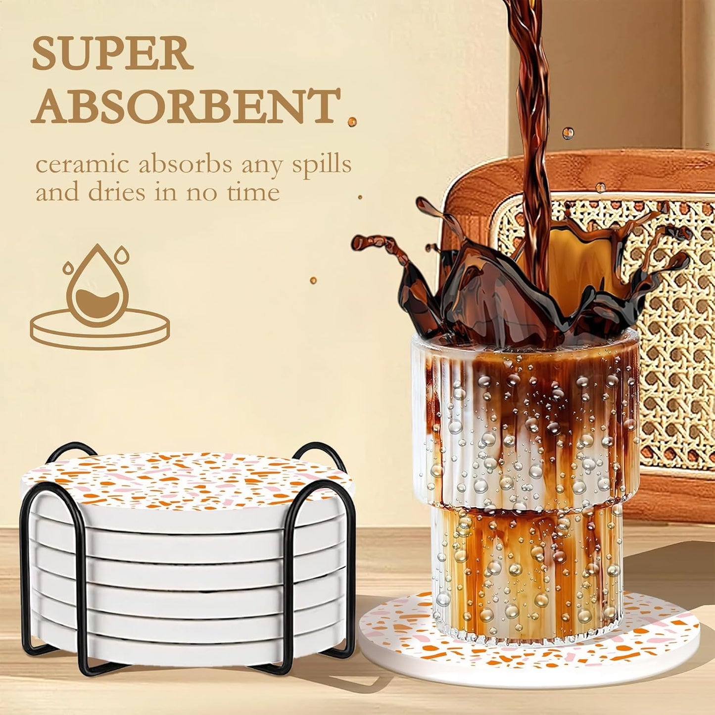 Drink Coasters with Holder,6 Pcs Terracotta Polka Dots Design, Water-Absorbent Beverage Pads for Dining Table Decor & Glass Protection