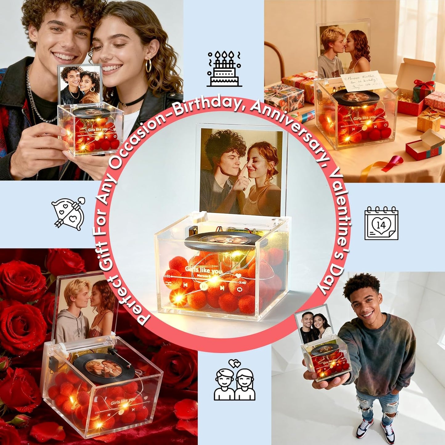 Custom Music Box, Custom Vinyl Record with Light, Music Decor with Text Photo and Any Song, Personalized Gifts Anniversary Birthday Chrismas Valentine’s Day for Couple, Lover, Boyfriend, Girlfriend
