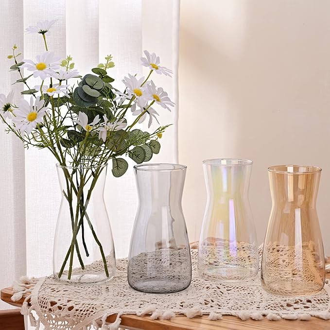 Glass Vases for Flowers, 8 Inch Tall Ins Modern Irised Crystal Clear Glass Vases for Centerpieces Home Desk Decoration, Decorative Glass Table Vase for Birthday Wedding Housewarming Gift,Amber