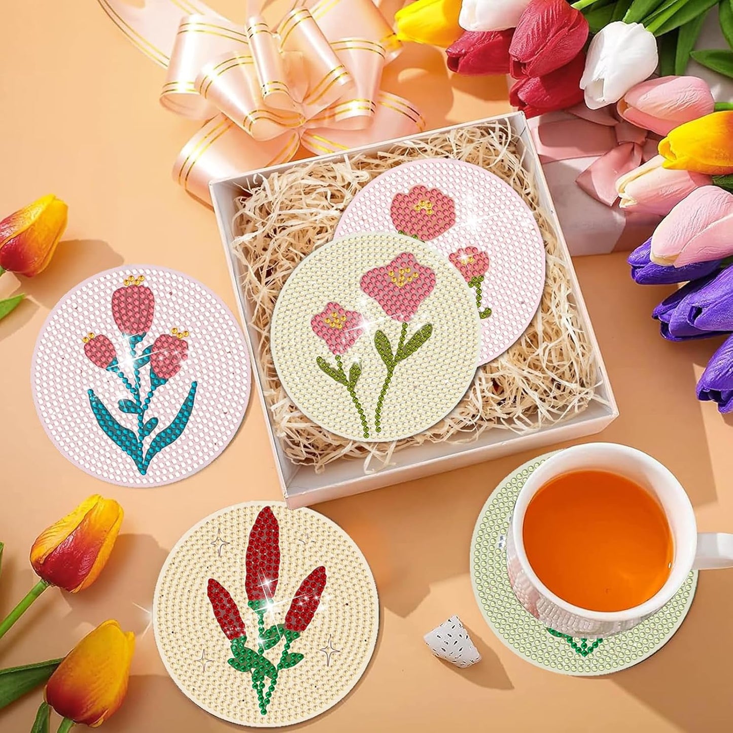 DOTSOPS Flowers Diamond Art Coaster with Holder 5D Diamond Painting Kits for Adults Round Full Drill Beginners Gem Dots Craft Arts Supplies Party Home Decor 8Pack