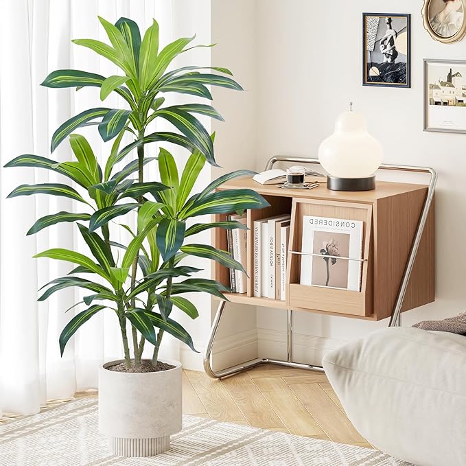 4Ft Dracaena Plant Artificial Tree Fake Tropical Floor Plants Potted (Real Touch) Artificial Silk Tree Leaf Faux Trees Black Tall Planter for Home Office Living Room Indoor Outdoor Decor（2Pack）