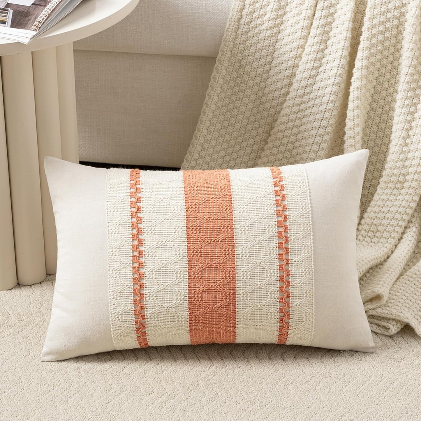 Fancy Homi Set of 1 Boho Coral Lumbar Decorative Throw Pillow Cover 12x20 Inch for Couch Bed Sofa Chair, Modern Organic Farmhouse Home Decor, Soft Cotton Cute Accent Rectangle Cushion Case