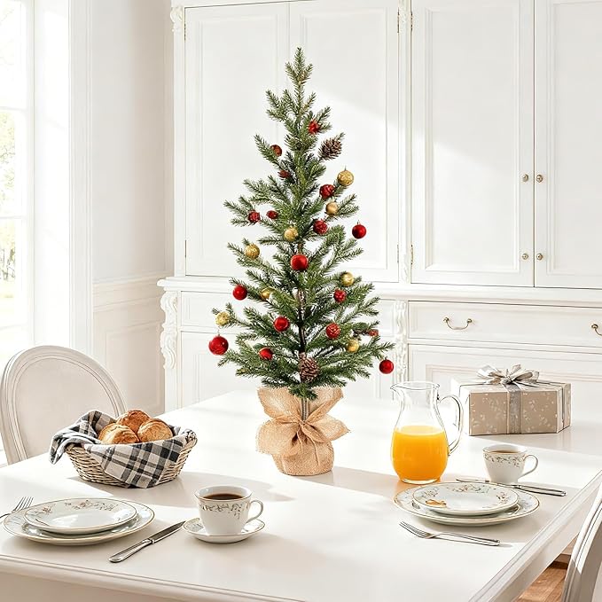 3FT Tabletop Artificial Christmas Tree, 209 Realistic PE Branches, Pine Cone Decorations, Unlit, Cement Base Wrapped in Burlap, Green