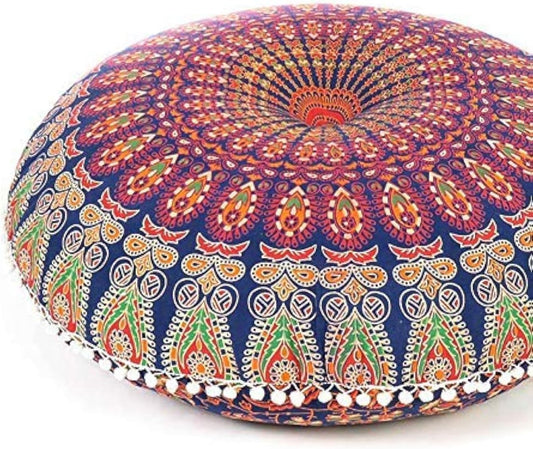 Eyes of India - Mandala Floor Pillow Cover Meditation Cushion Seating Throw Hippie Round Colorful Decorative Bohemian Indian Pouf Ottoman Handmade Cover ONLY (A1 Dark Blue-2, 32" x 32")