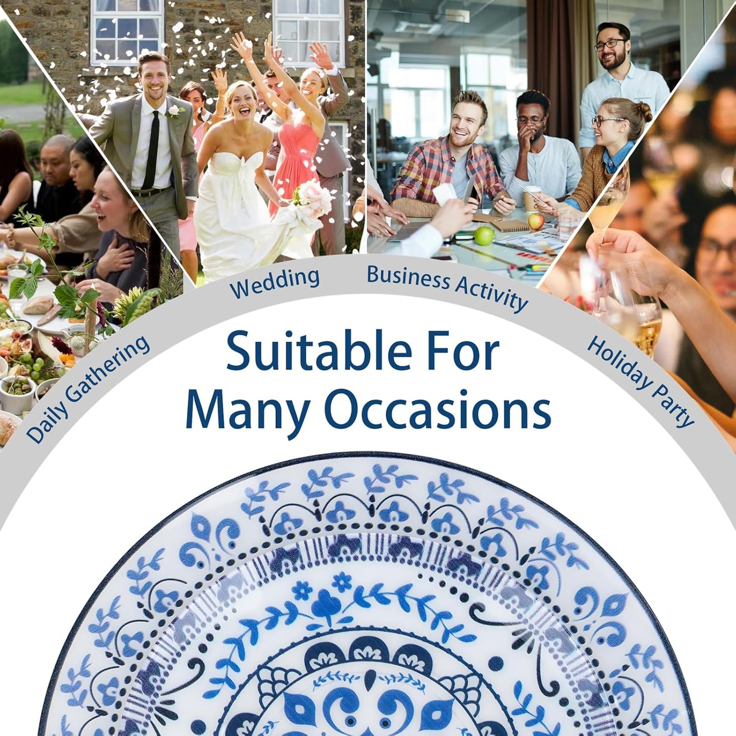 Hioasis 60pcs Blue Plastic Plates Set - Floral Blue & White Porcelain Design, 10.25" Dinner & 7.5" Dessert Plates Disposable for Wedding/Party (Dishwasher Safe, Traditional Style)