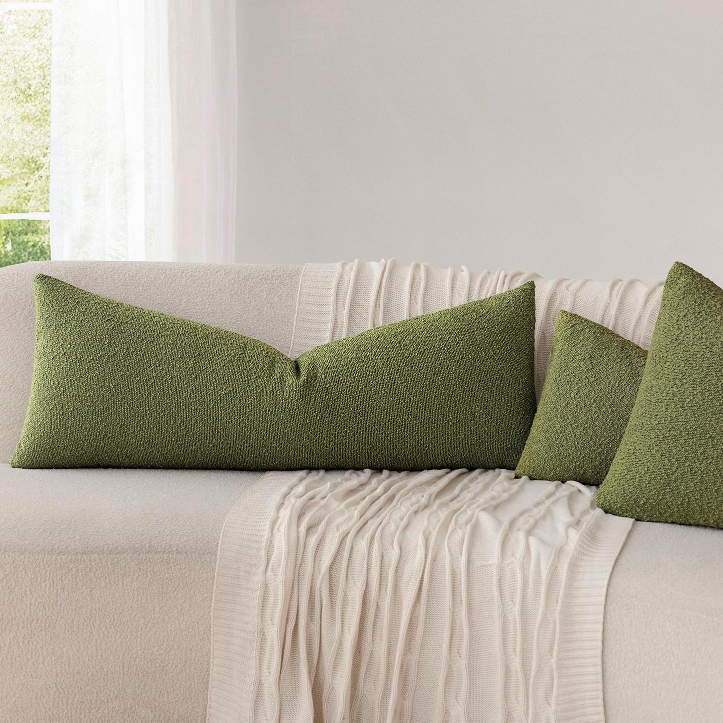 Foindtower Decorative Textured Boucle Throw Pillow Covers Accent Solid Pillow Cases Neutral Long Body Lumbar Couch Cushion Case for Chair Sofa Bedroom Living Room Home Decor 14x36 Inch,1PC,Green