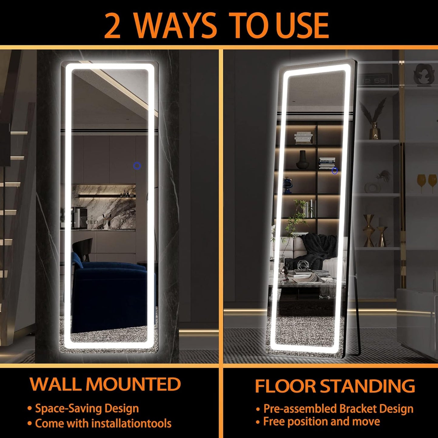 Hasipu Full Length Mirror with Lights, 56" x 20" LED Floor Mirror, Full Body Dressing Standing, Hanging Mounted Mirror for Living Room Bedroom Cloakroom, Round Black