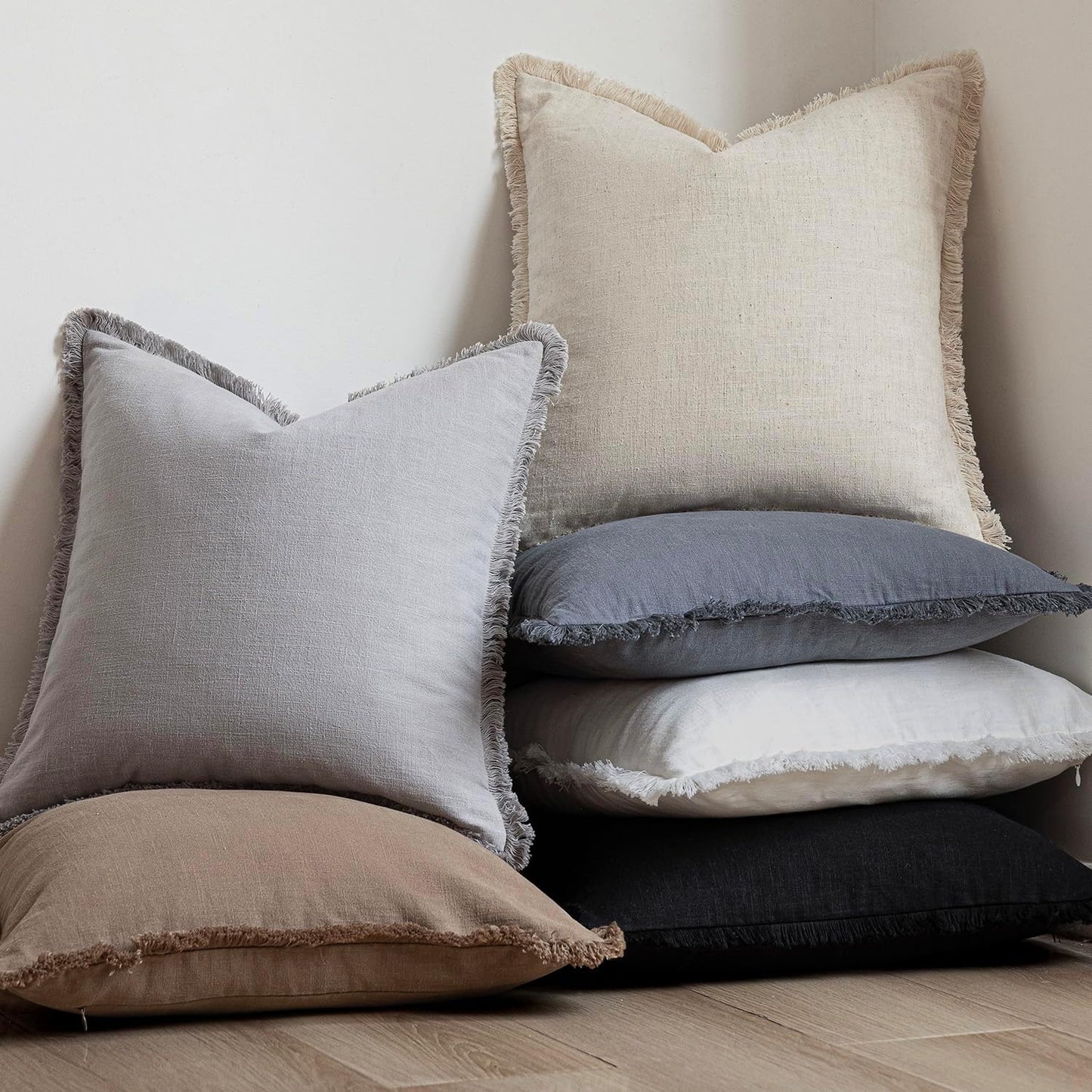 Foindtower Decorative Linen Fringe Throw Pillow Covers Cozy Boho Farmhouse Cushion Cover with Tassels Accent Pillowcase for Chair Sofa Bed Living Room Home Decor, 24×24 Inch, 1PC,Light Rustic Gray