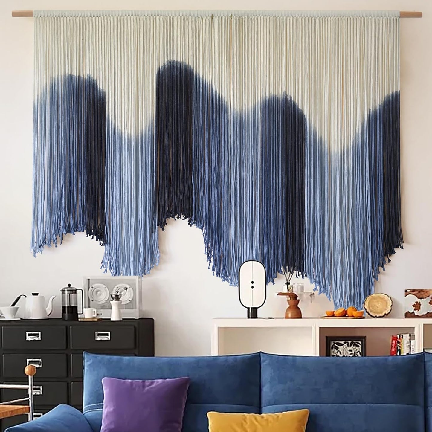 IOWER Macrame Wall Hanging Large Blue Dip Dyed Fiber Art Tapestry, Handmade Boho Wall Decor for Living Room Bedroom, Macrame Wall Art 57" W x 39" L