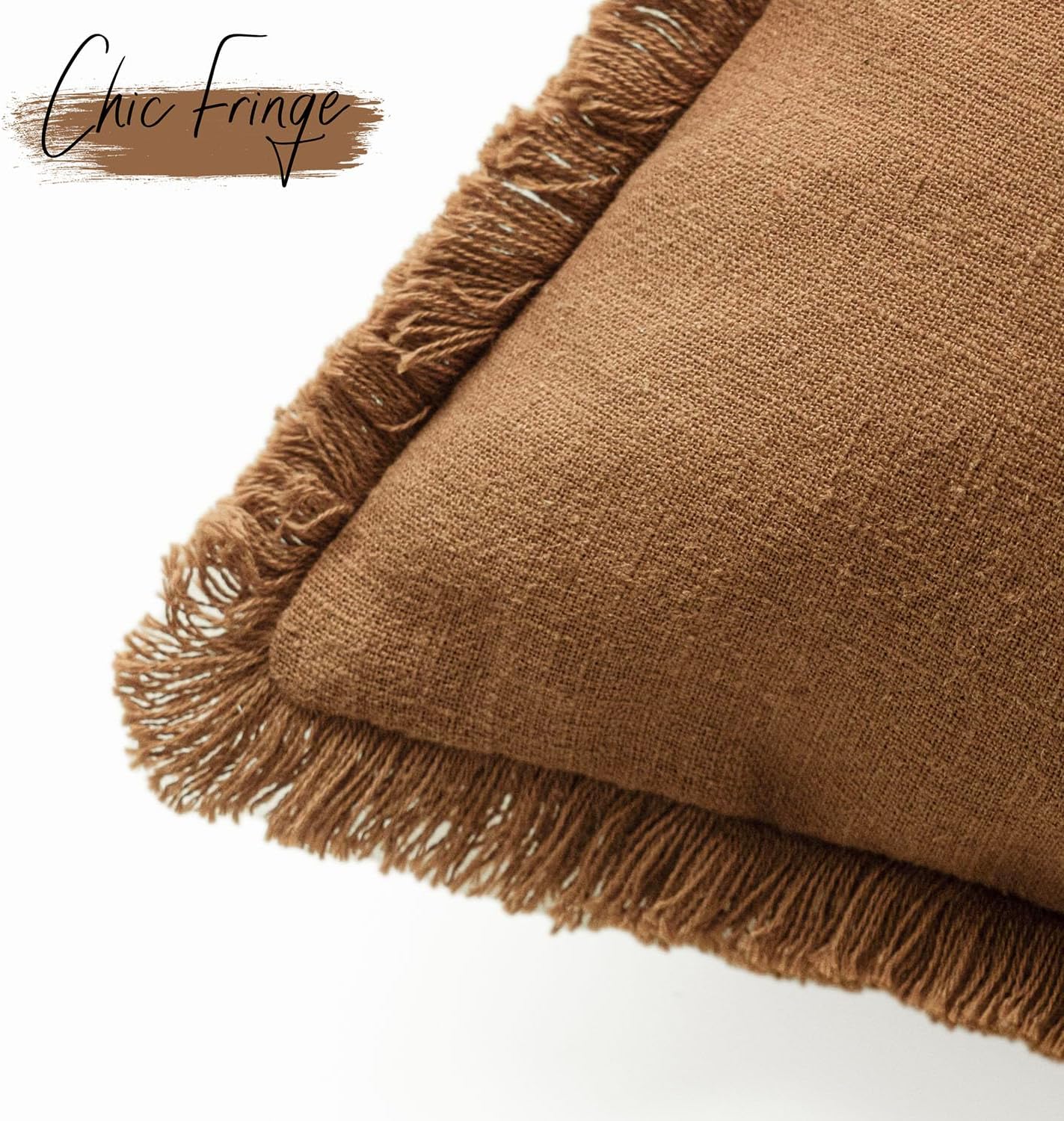 Foindtower Decorative Linen Fringe Throw Pillow Covers Cozy Boho Farmhouse Cushion Cover with Tassels Soft Accent Pillowcase for Chair Sofa Bed Living Room Home Decor, 26×26 Inch, 1PC,Orange Brown