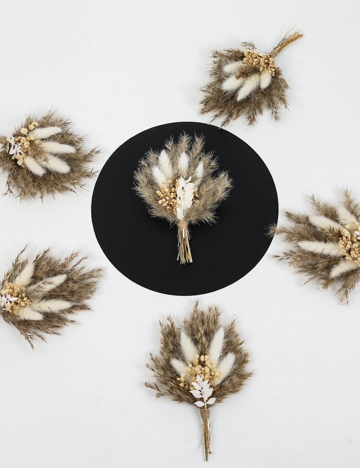 Mini Dried Flower Bouquet Set of 6, Boho Wedding Decor, Boutonniere for Men,Table Centerpieces, Dry Pampas Grass,Birthday Cake Flowers,Personalized Bridesmaid Gift Box,Small Bottles Decoration.(White)