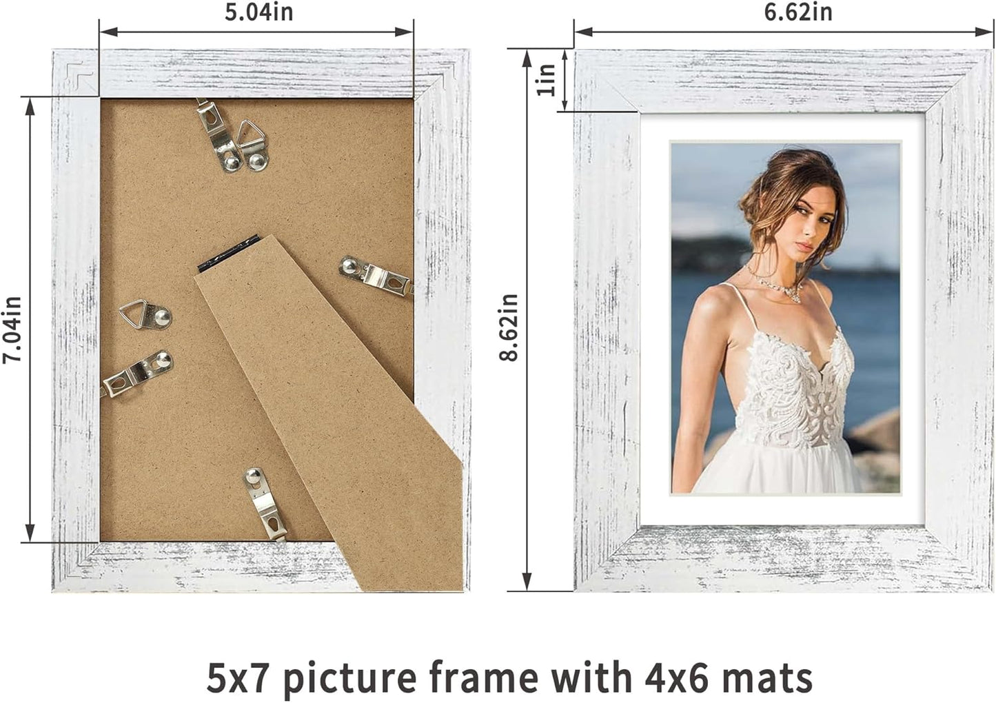 iRahmen 5x7 Picture Frame Set of 2, Distressed White Wood with Glass Photo Frame - Display Pictures 4x6 with Mat or 5 x 7 without Mat for Horizontal or Vertical Table top and Wall Mounting