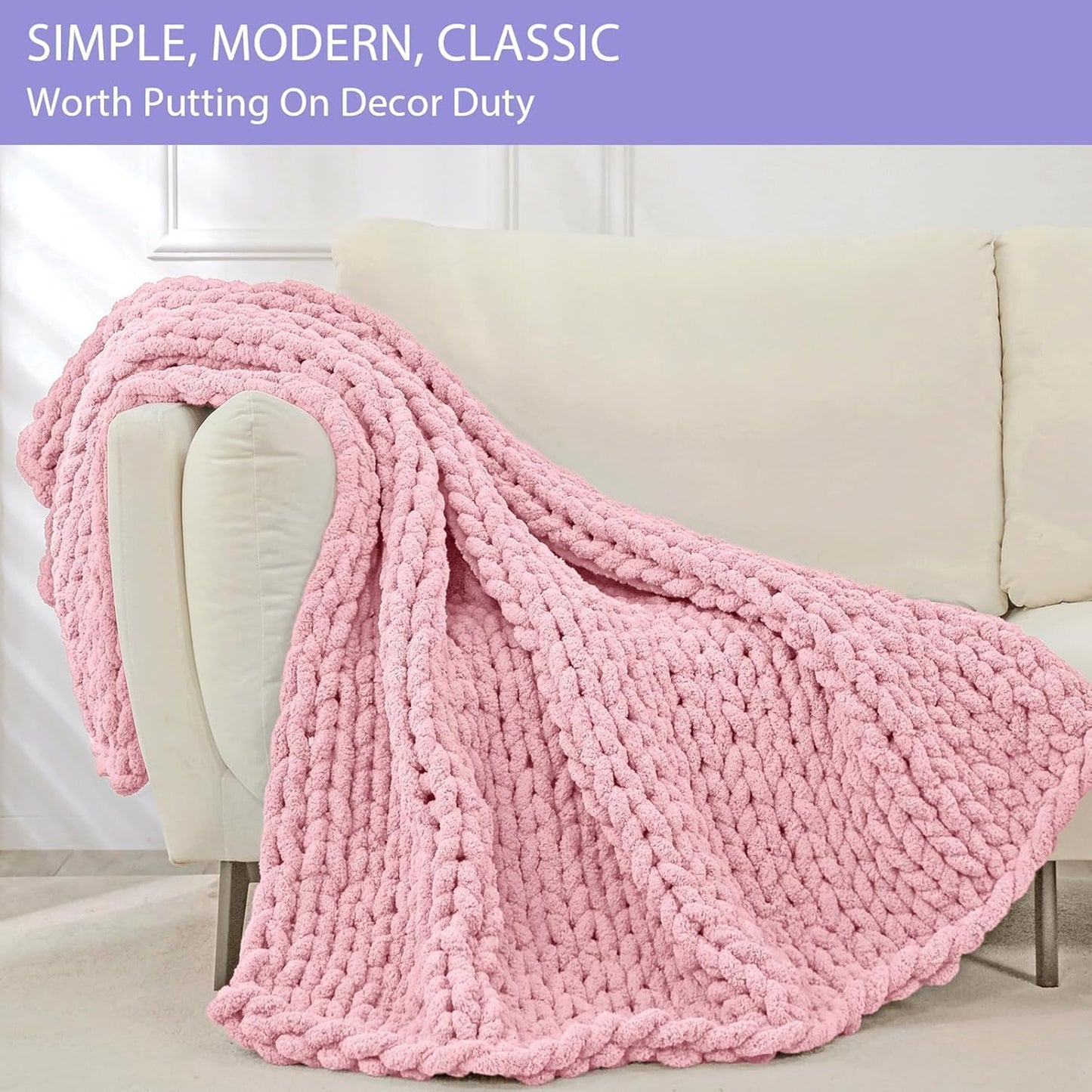 Bigacogo Chunky Knit Throw Blanket for Couch, 40x60 inches, 100% Hand Knitted with Thick Jumbo Chenille Yarn, Cozy Soft Large Rope Knot Cable Crochet Blankets for Sofa Bed Living Room, Blush Pink