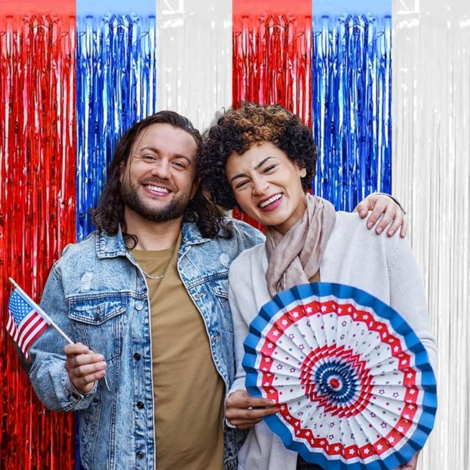 4 Pack Red Blue White Foil Fringe Curtain Backdrop, 3.28Ft x 9.8Ft Metallic Tinsel Foil Fringe Streamers Curtains for Photo Booth, Wedding, Mardi Gras, Birthday, Independence Day Party Decoration