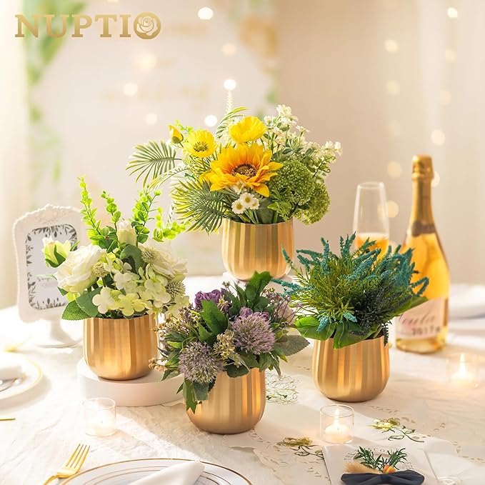 Gold Vases Compote Centerpiece Planter: 4" Ribbed Metal Vase Small Compote Bowl Planter Pot with Drainage Hole for Wedding Table Centerpiece Indoor Plants Set of 2