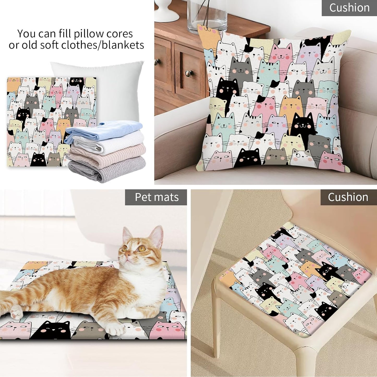 Decorative Throw Pillow Covers 18x18 Inch, Cute Home Decor for Living Room Outdoor Funny Pillowcase Polyester Cushion Case Cat Faces