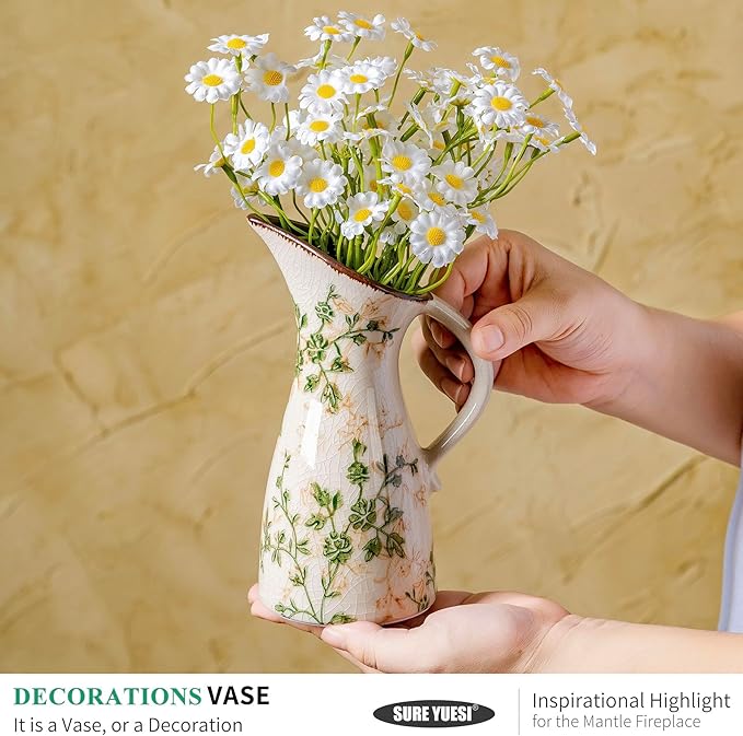 Green and Beige Pitcher Vase, Handcrafted Pastoral Ceramic Floral Vase, Vintage Farmhouse Flower Vase for Home Decor, Chinoiserie Tuscan Cottage Core Decor, Rustic Table Centerpiece 7.3 in