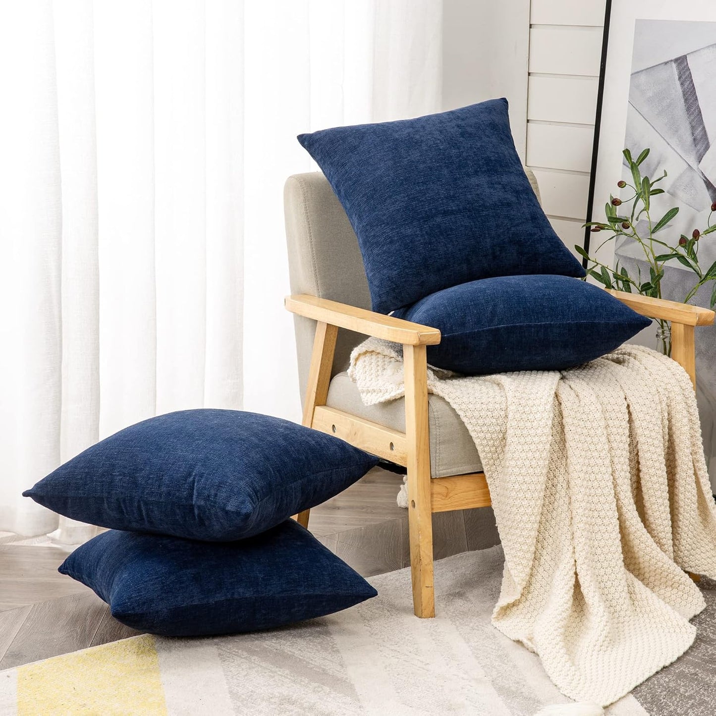 GAWAMAY Decorative Square Throw Pillow Covers 18"x18" Inch Set of 4, Super Soft Chenille Pillows Farmhouse Fall Pillowcase for Living Room Bedroom Sofa Couch Cushion Cover Navy Blue 45x45cm