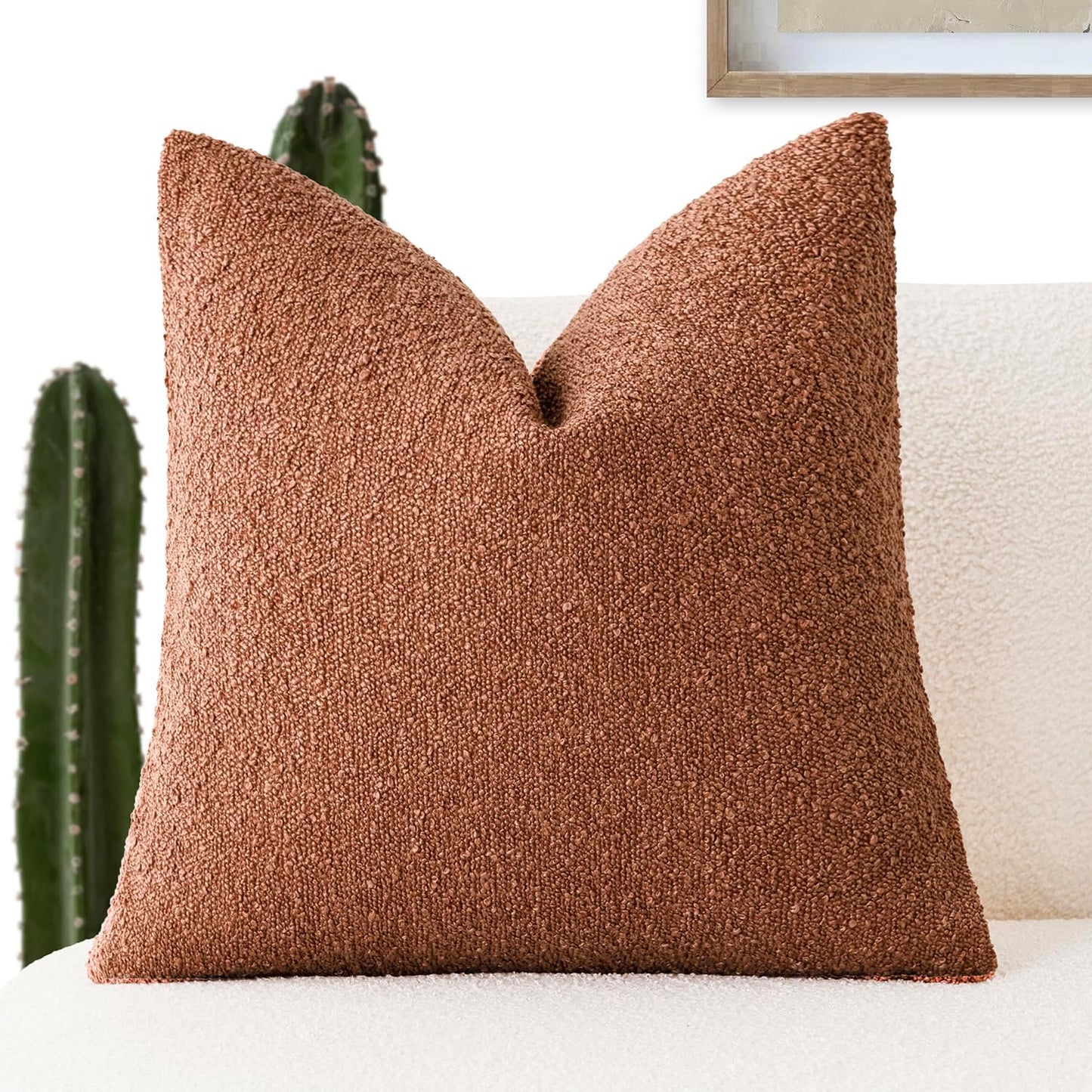 Foindtower Decorative Textured Boucle Throw Pillow Covers Accent Solid Pillow Cases Neutral Soft Cozy Couch Cushion Case for Chair Sofa Bedroom Living Room Home Decor 24x24 Inch,1PC,Burnt Orange Hazel