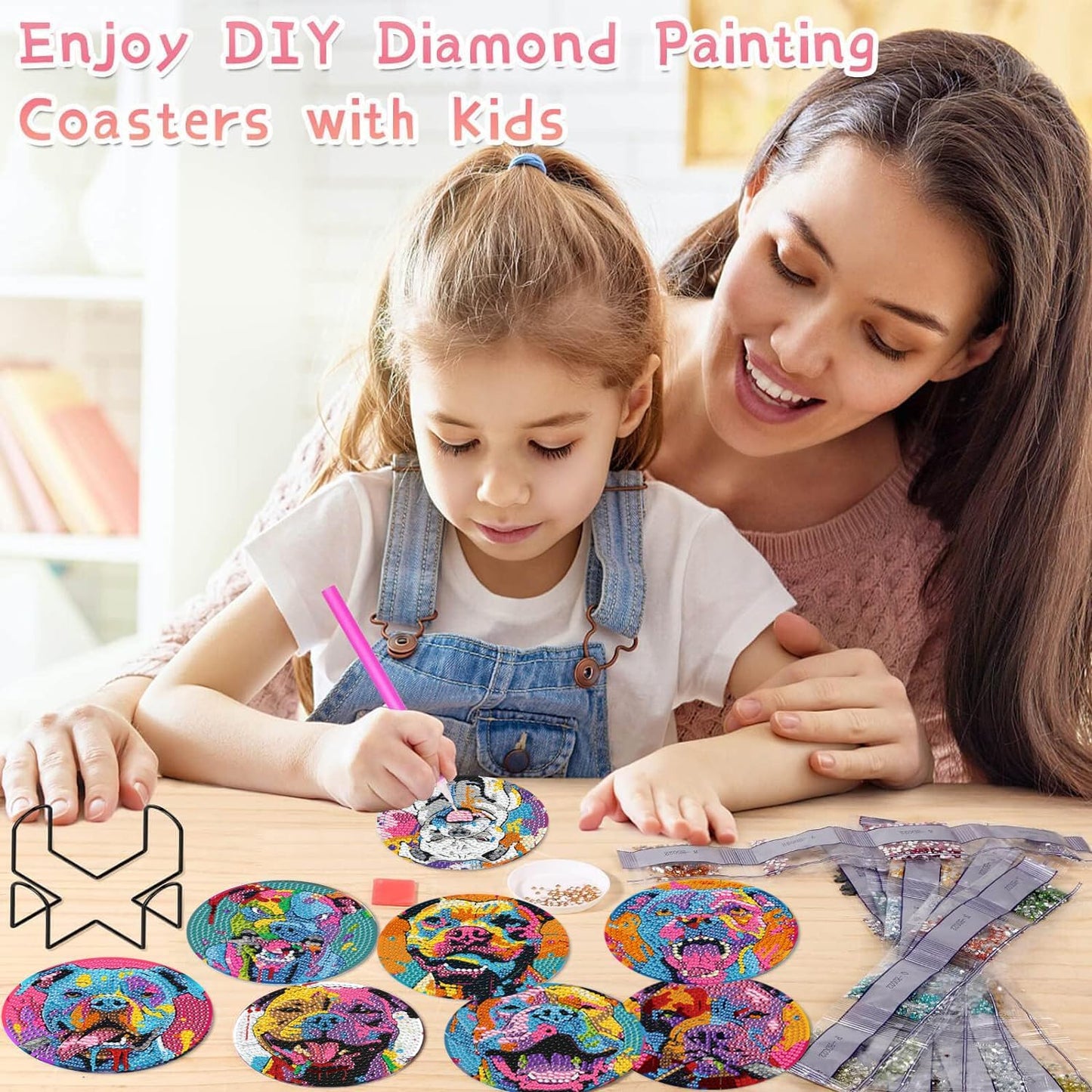 Leatrice 8PCS Dog Diamond Art Coasters Small Diamond Painting Kits for Adults Beginners Women, Gem Art Coasters with Holder, Funny Arts Supplies for Home Decor