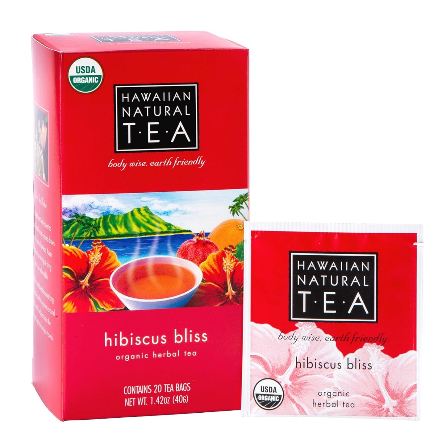Hawaiian Natural Tea - Organic Hibiscus Bliss Herbal Tea, Caffeine-Free Hibiscus, All-Natural and Antioxidant-Rich Wellness Tea, Vegan and Keto-Friendly, 20 Bags
