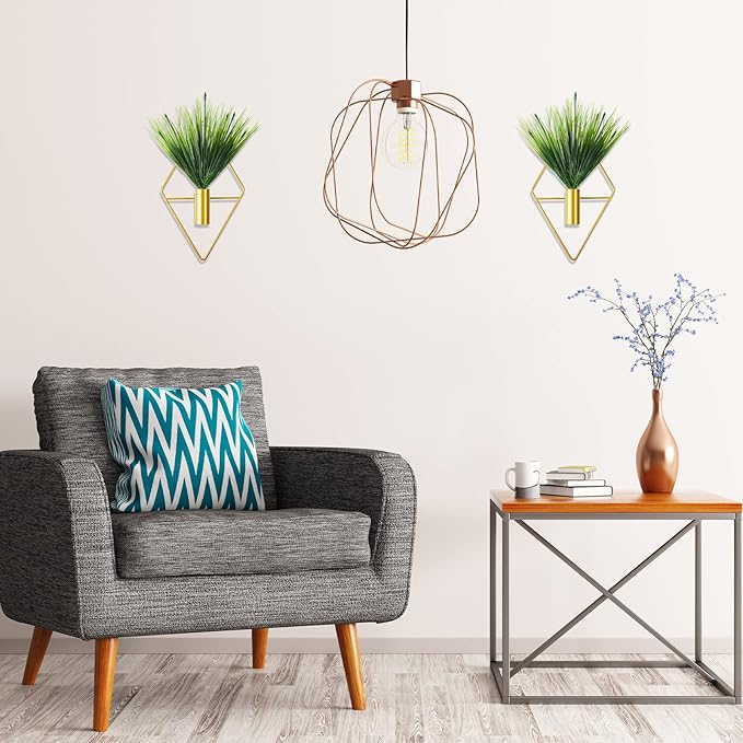 2 Pieces Gold Wall Decor Hanging Planters with Artificial Plants Metal Vase Indoor Plants Holder Modern Geometric Wall Art for Home Bathroom Bedroom Living Room Office(Aquatic Plant,Small)