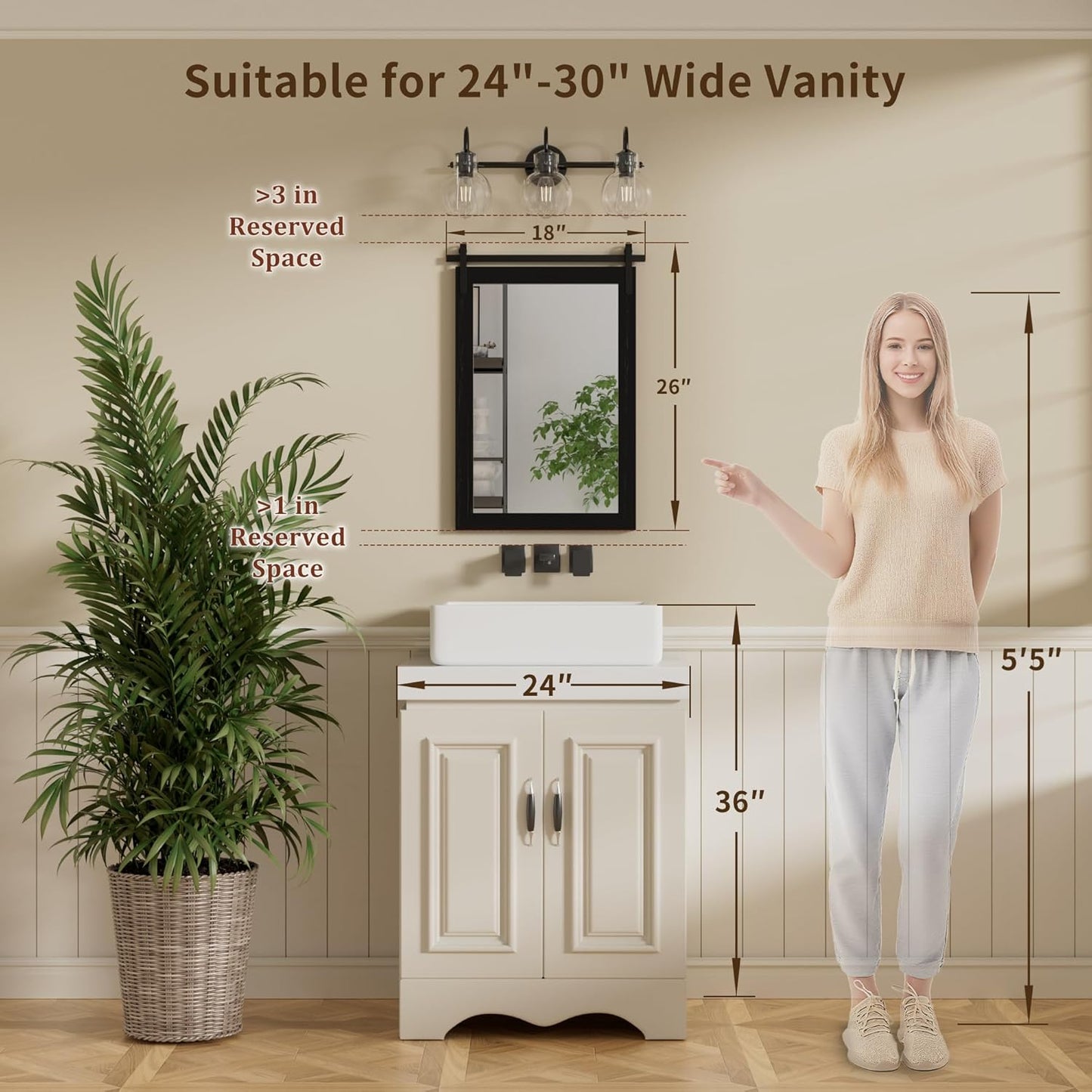 Black Farmhouse Mirror for Wall, 18x26INCH Wood Framed Square Bathroom Mirrors for Vanity, Barn Door Style Mirrors Wall Mounted Dresser Decor Mirror Living Room Bedroom Vertical