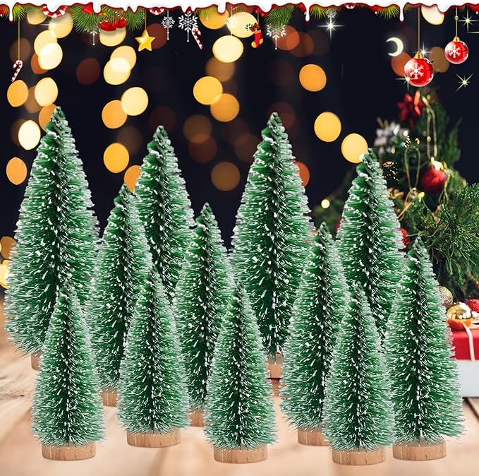 12 Pcs Mini Christmas Tree, Tabletop Christmas Tree with Wooden Bases Artificial Mini Trees with 3 Sizes Christmas Table Decor Bottle Brush Trees for Christmas Decorations (Green Snow)