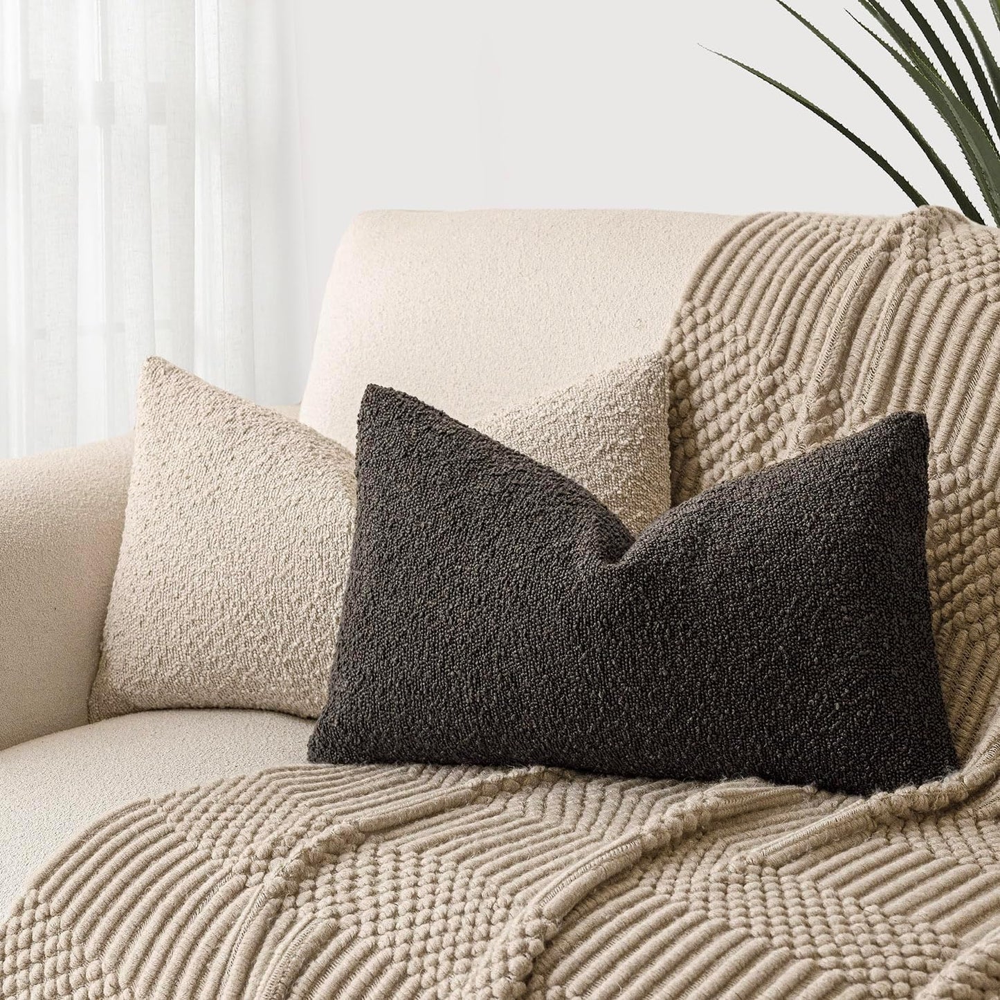 Foindtower Pack of 2 Textured Boucle Throw Pillow Covers Accent Solid Decorative Lumbar Pillow Cases Cozy Couch Cushion Case for Sofa Living Room Home Decor, 12 x 20 Inch,Dark Brown