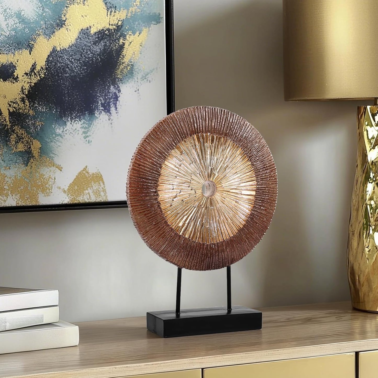 DOVDOV Wood Color Round Irregular line Statue, Unique Home Sculpture for Cabinet Above Coffee Table, entryway Table top TV Cabinet Dining Table Center Home Decor. (Yellow-Brown)