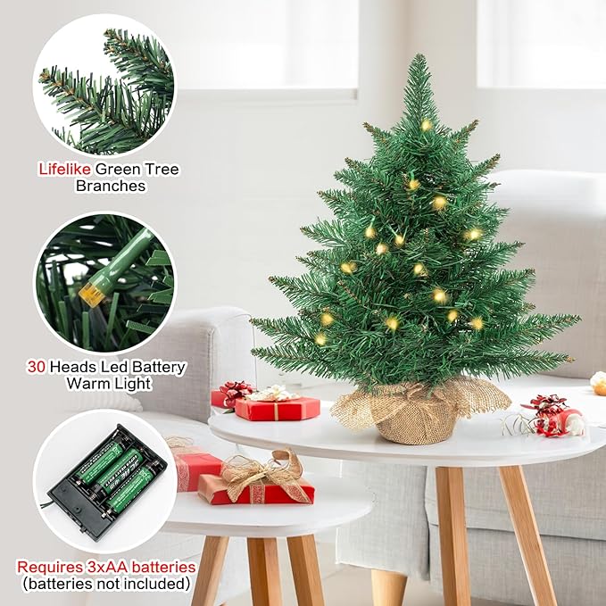 24 Inch Pre-lit Artificial Mini Christmas Tree,Tabletop Christmas Tree with 30 LED Warm Lights,Desktop Small Xmas Green Pine Tree for Home Decor（Battery Operated）