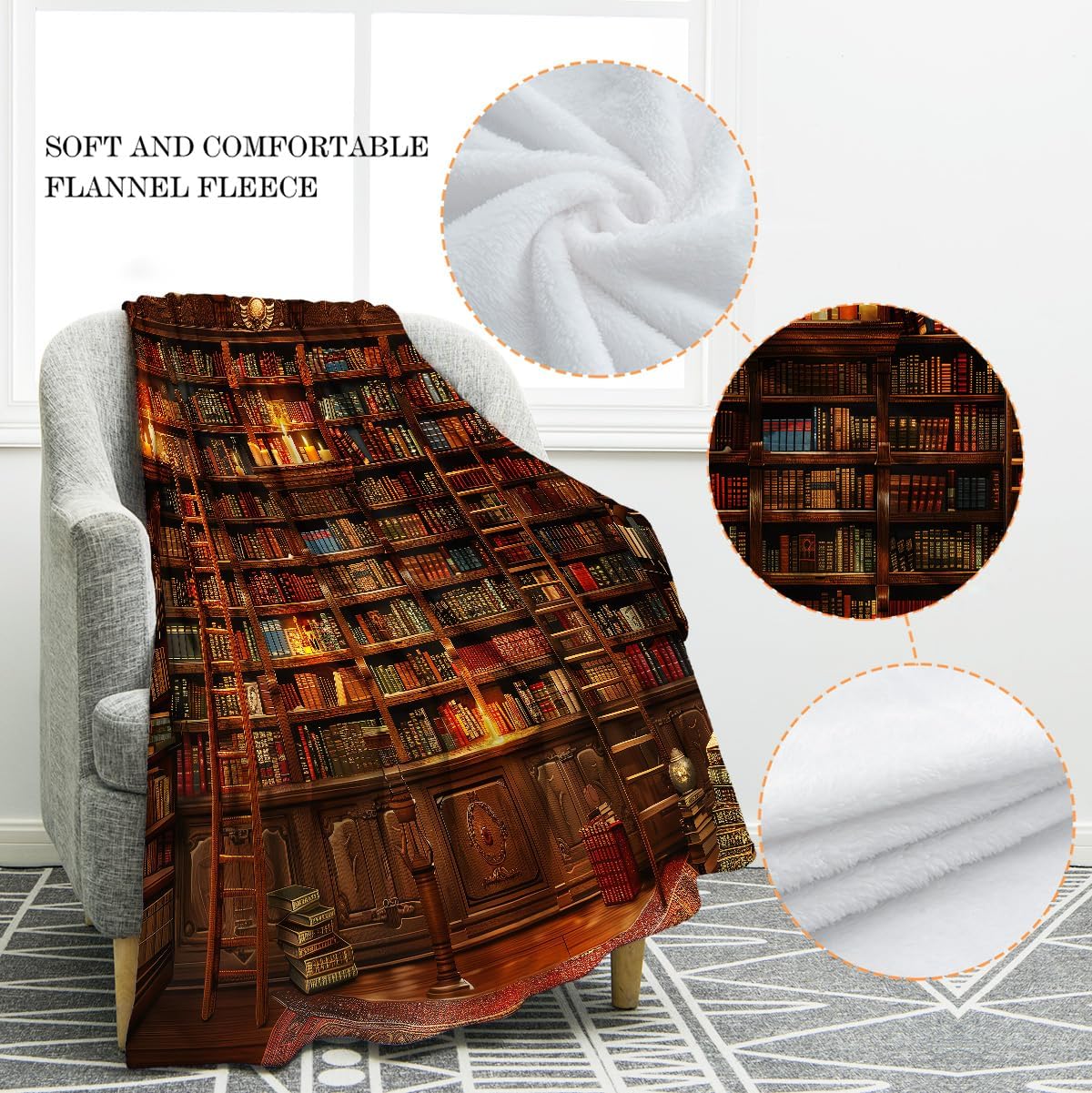 Jekeno Vintage Bookshelf Blanket Gifts for Women Men Kids Girls Boys Husband Dad Halloween Birthday Christmas Library Books Bookcase Candle Decor Bedroom Study Classroom Living Room Throw 60"x80"