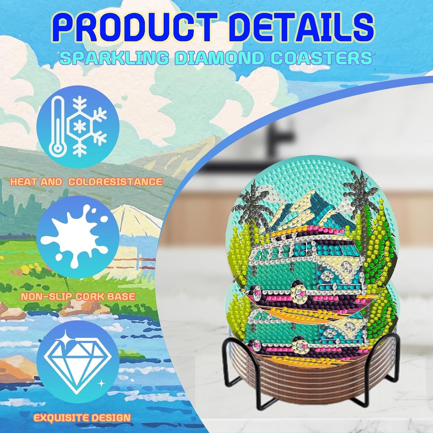 DOZEEZOP 8 PCS Landscape Diamond Art Coasters Kit, Bus 5D Diamond Painting Coasters with Holder, Fall Small Diamond Art Kits for Adults Beginners, Diamond Dots Arts and Crafts Supplies