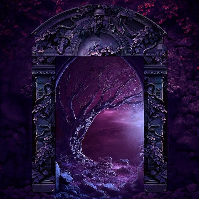 3 Pcs Halloween Cemetery Archway Halloween Cemetery Banners Gothic Outdoor Banners Sign Banner Decorations for Outdoor Party Supplies (Scary Purple)