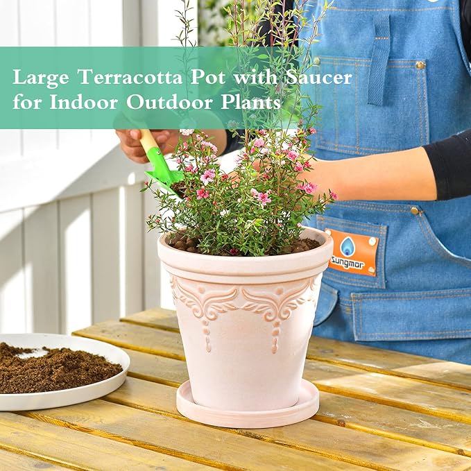 Sungmor Set of 3 Terra Cotta Pots With Saucer & Drainage Hole - 8 Inch Large & Deep Clay Planters, Unique Embossed & Pretty Color Pottery for Plants, Orchid, Cactus, Succulent