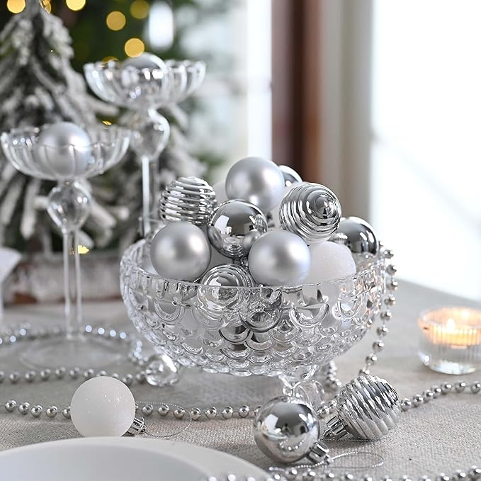 Valery Madelyn 1.57 Inches Small Christmas Tree Decorations Ornament Set for Fall Halloween, 24ct White and Silver Shatterproof Hanging Ball Ornaments Holiday Party Decor