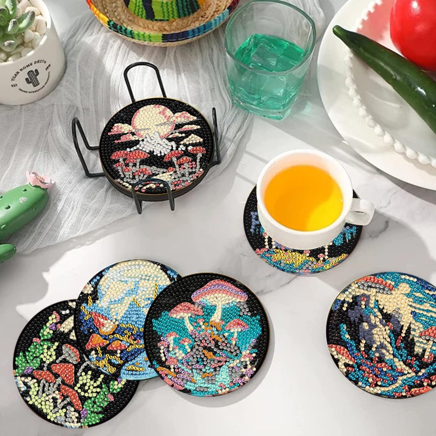 EWJRNSF 10 PCS Diamond Art Coasters Kit, Small Diamond Painting Coasters, Fall Diamond Art Kits for Adults Beginners, Arts and Crafts Supplies Item Sets with Holder Mushroom