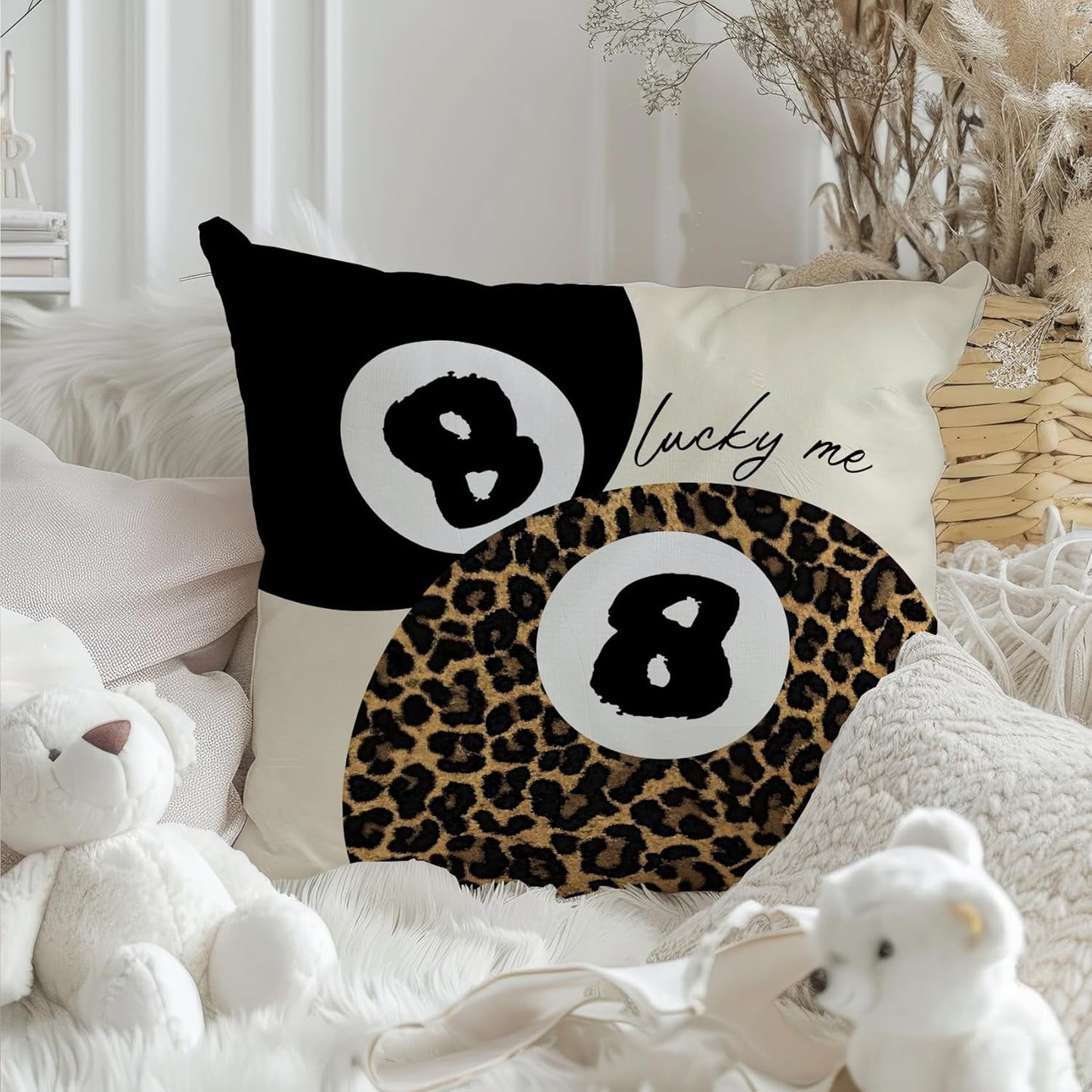 Coquette Pink Bow Leopard Print Lips Lucky 8 Ball Throw Pillow Covers 18x18, Cheetah Room Decor, Funky Y2K Leopard Print Decorative Pillow Covers for Girls Room Dorm Apartment Home