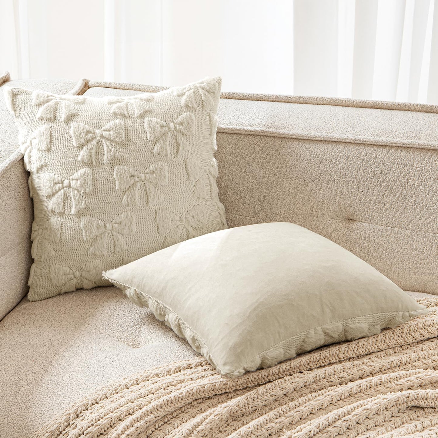 MIULEE Beige Bow Pillow Covers Christmas Coquette Room Decor Aesthetic Set of 2 Decorative Cute Girl Throw Pillow Soft Plush Faux Pillowcase for Girl Bed Couch Sofa,18x18 Inch