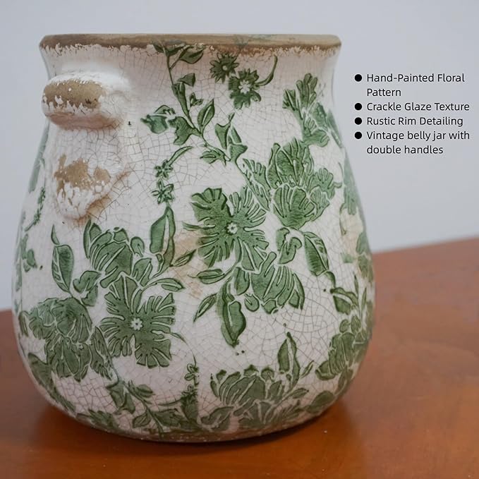Vintage Ceramic Vase with Green Floral Pattern, White and Green, Crackle Glazed Finish, Decorative Garden Design (Large - Belly Jar with Drainage Hole)