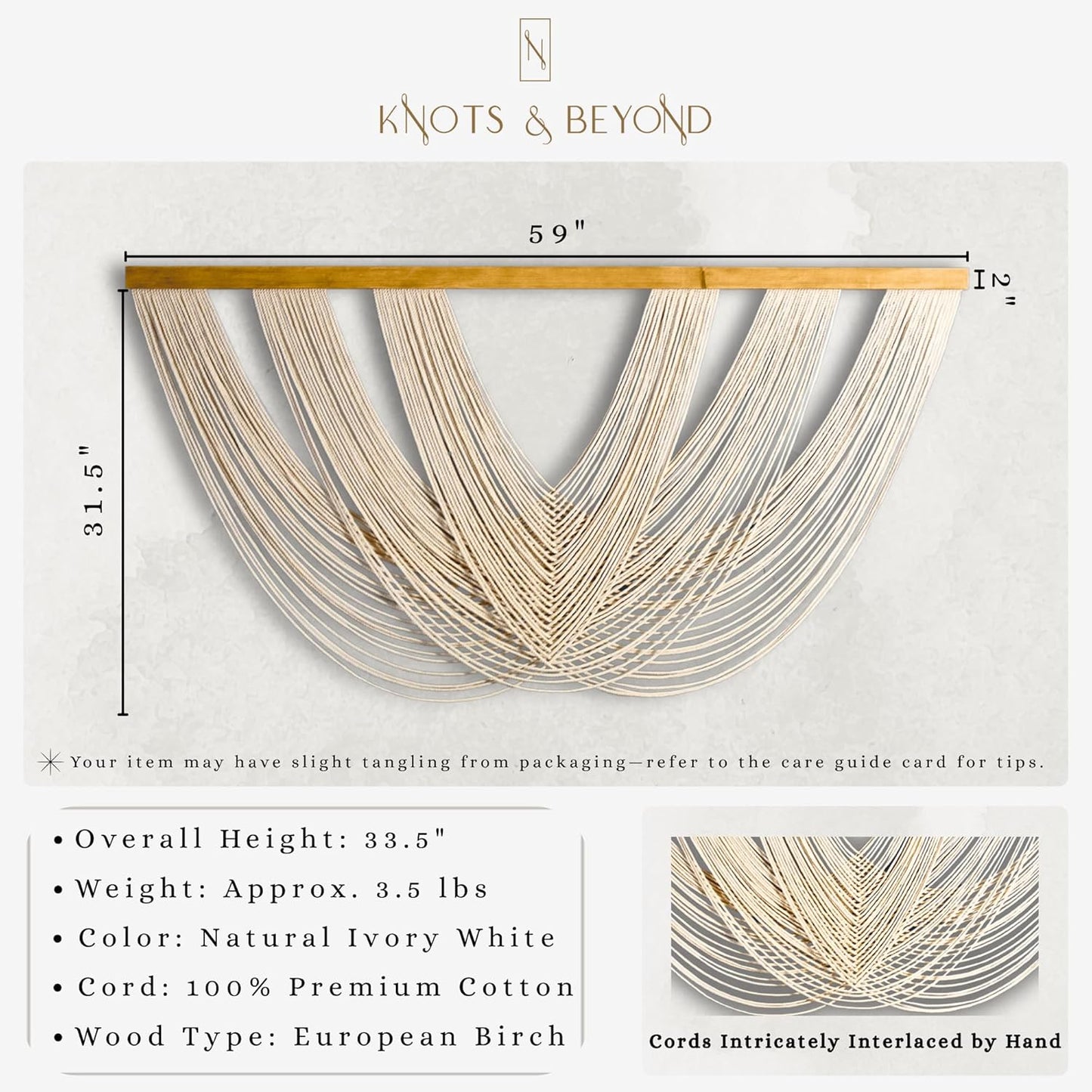 Knots & Beyond Extra Large Macrame Wall Hanging 59" x 33" – Premium Boho Tapestry for Above Bed or Couch, Handmade Yarn Wall Art, Modern Boho Wall Decor for Office, Bedroom, or Living Room, Neutral Fiber Textile Accent