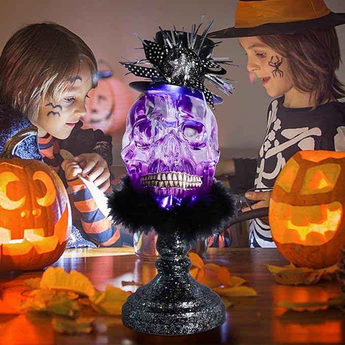 VCUTEKA Halloween Skull Head Light Indoor Decoration Skull Statue Halloween Sculptures with Magic Hat for Party Horror Decoration Holiday Decor Figurines Gift