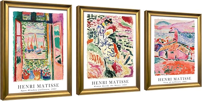 Wieco Art Framed Canvas Wall Art 3 Piece Henri Mattise Art Abstract Colorful Matisse Posters Canvas Prints for Wall and Home Office Decorations Bronze Gold Frame