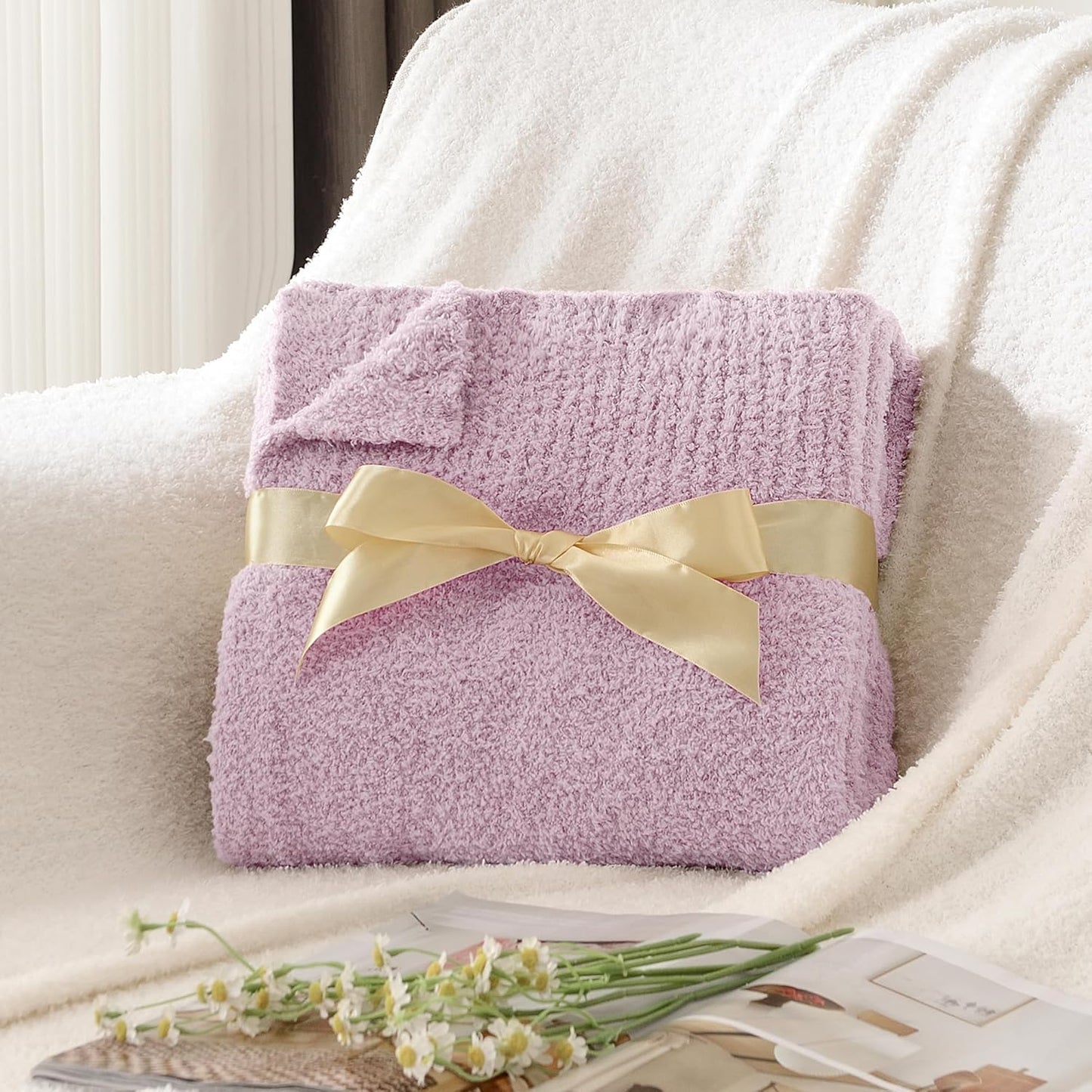 JOOJA Throw Blanket Twin Size for Bed Super Soft Blankets for Couch Comfy Cozy Blanket Knit Fuzzy Plush Fleece Blanket Gift for Women Lightweight Blanket for Living Room Sofa 60 x 80 Inches Lilac