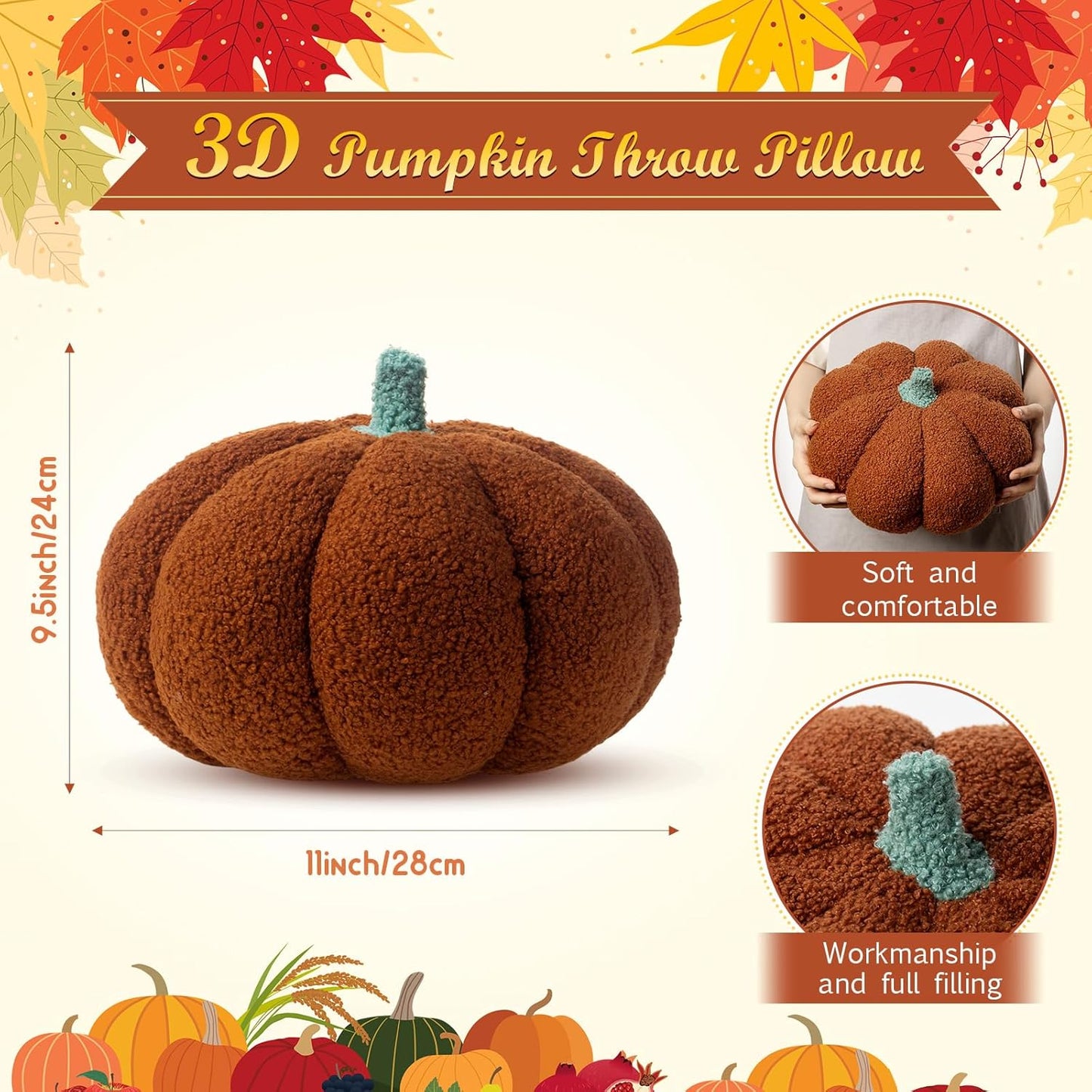 Kajaia 1 Pcs Simulated Pumpkin Pillow Plush 11 x 9.5 Inch 3D Cushion Fall Decorations Stuffed Throw Pillows Toy for Thanksgiving Christmas Halloween Bedroom Sofa Couch Supplies (Brown)