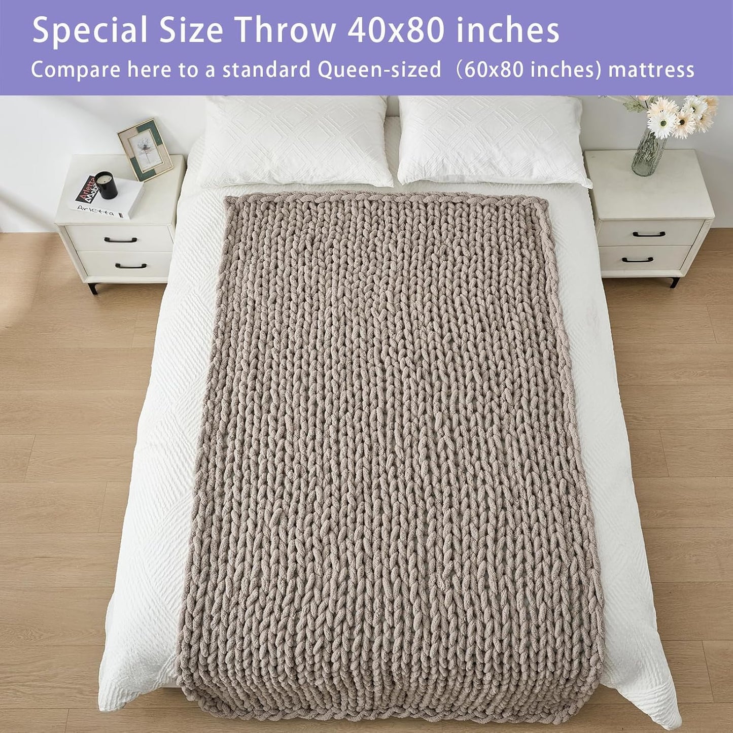 Bigacogo Chunky Knit Throw Blanket for Couch, 40x80 inches, 100% Hand Knitted with Thick Jumbo Chenille Yarn, Cozy Soft Large Rope Knot Cable Crochet Blankets for Sofa Bed Living Room, Taupe